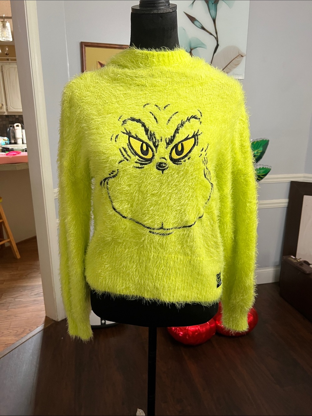 Fuzzy Neon Green Grinch Face Crewneck Sweater